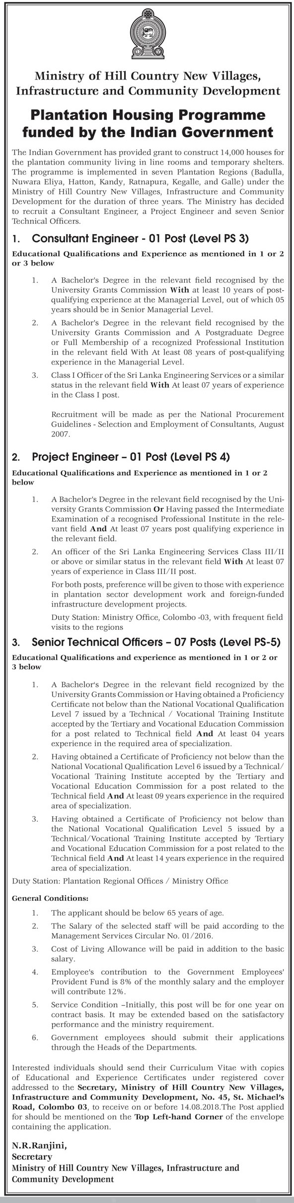 Consultant Engineer, Project Engineer, Senior Technical Officer - Ministry of Hill County New Villages, Infrastructure & Community Development